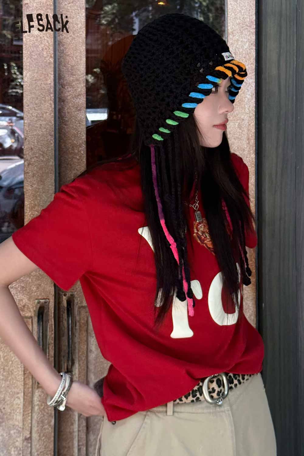 ELFSACK Cotton Knit Braided Tassel Color Block Cute Openwork Crochet Beanie