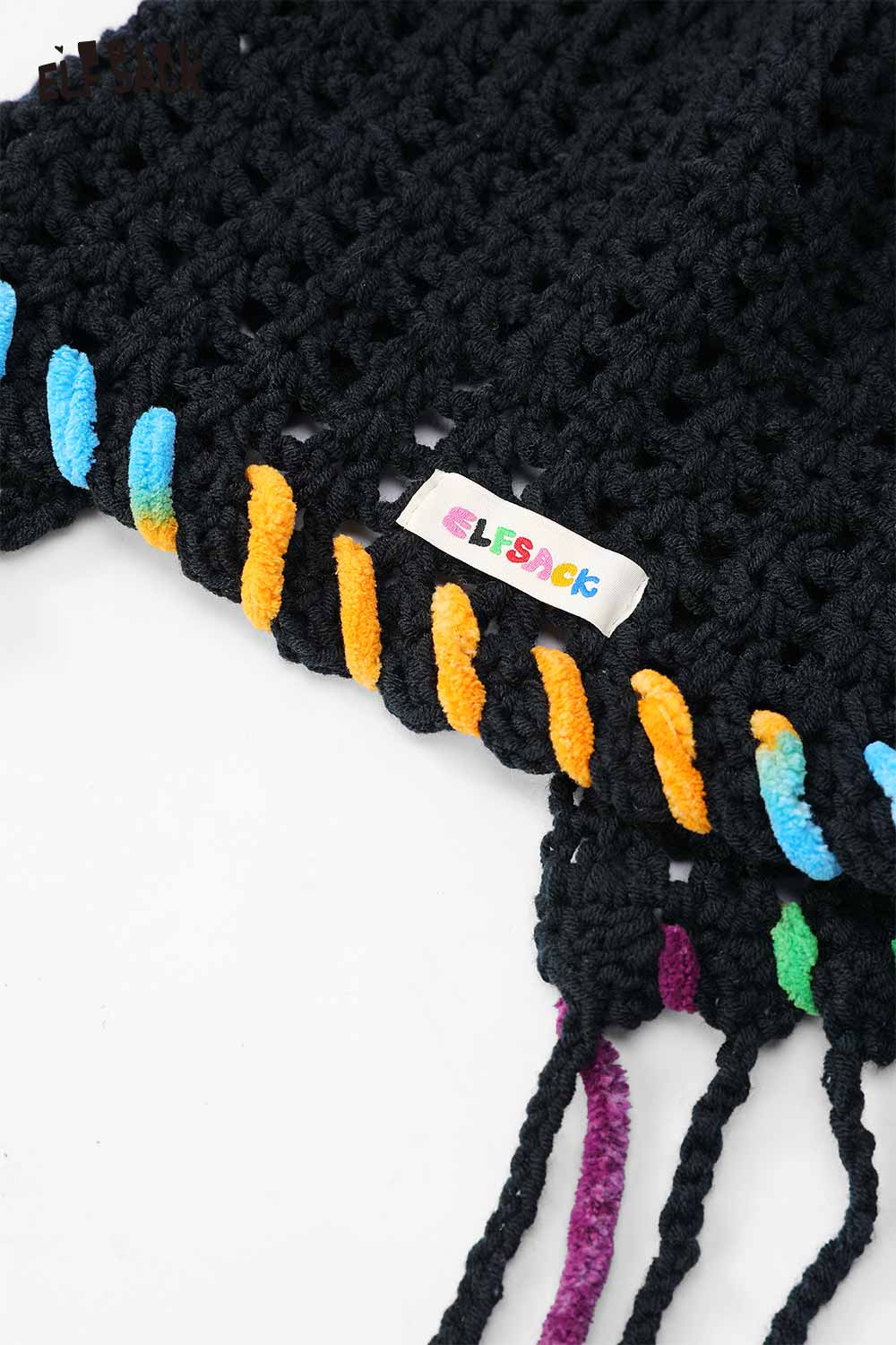 ELFSACK Cotton Knit Braided Tassel Color Block Cute Openwork Crochet Beanie