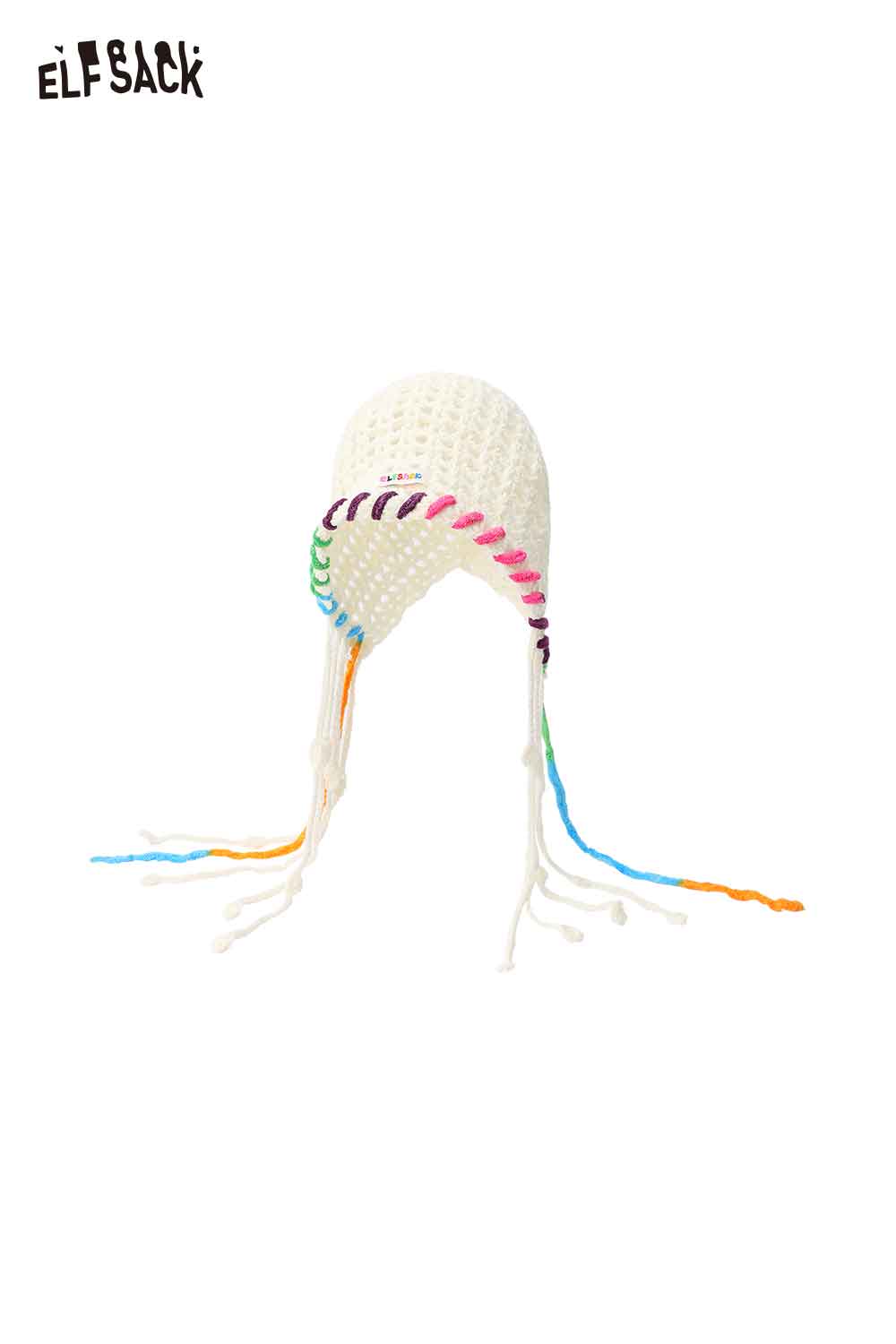 ELFSACK Cotton Knit Braided Tassel Color Block Cute Openwork Crochet Beanie