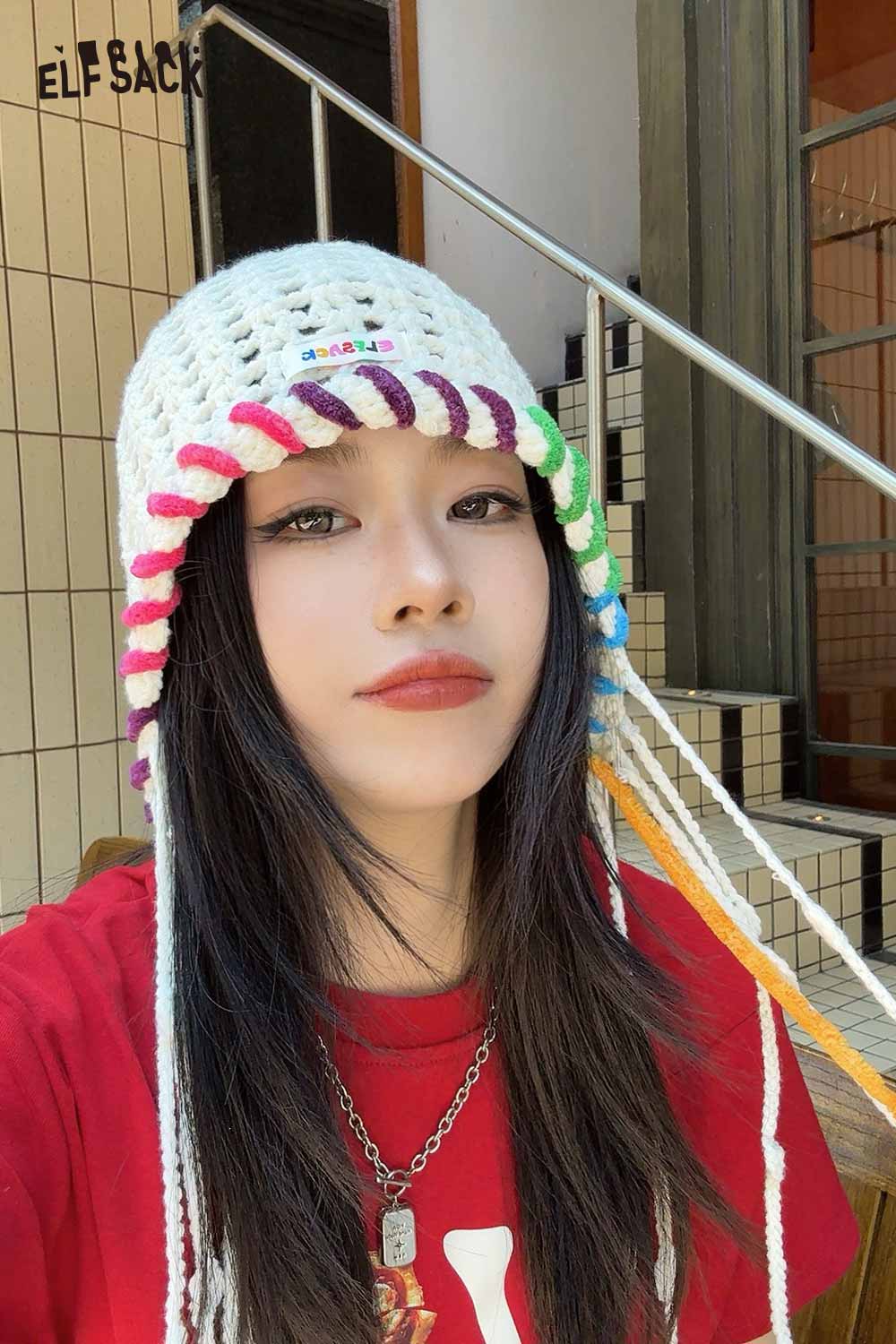 ELFSACK Cotton Knit Braided Tassel Color Block Cute Openwork Crochet Beanie