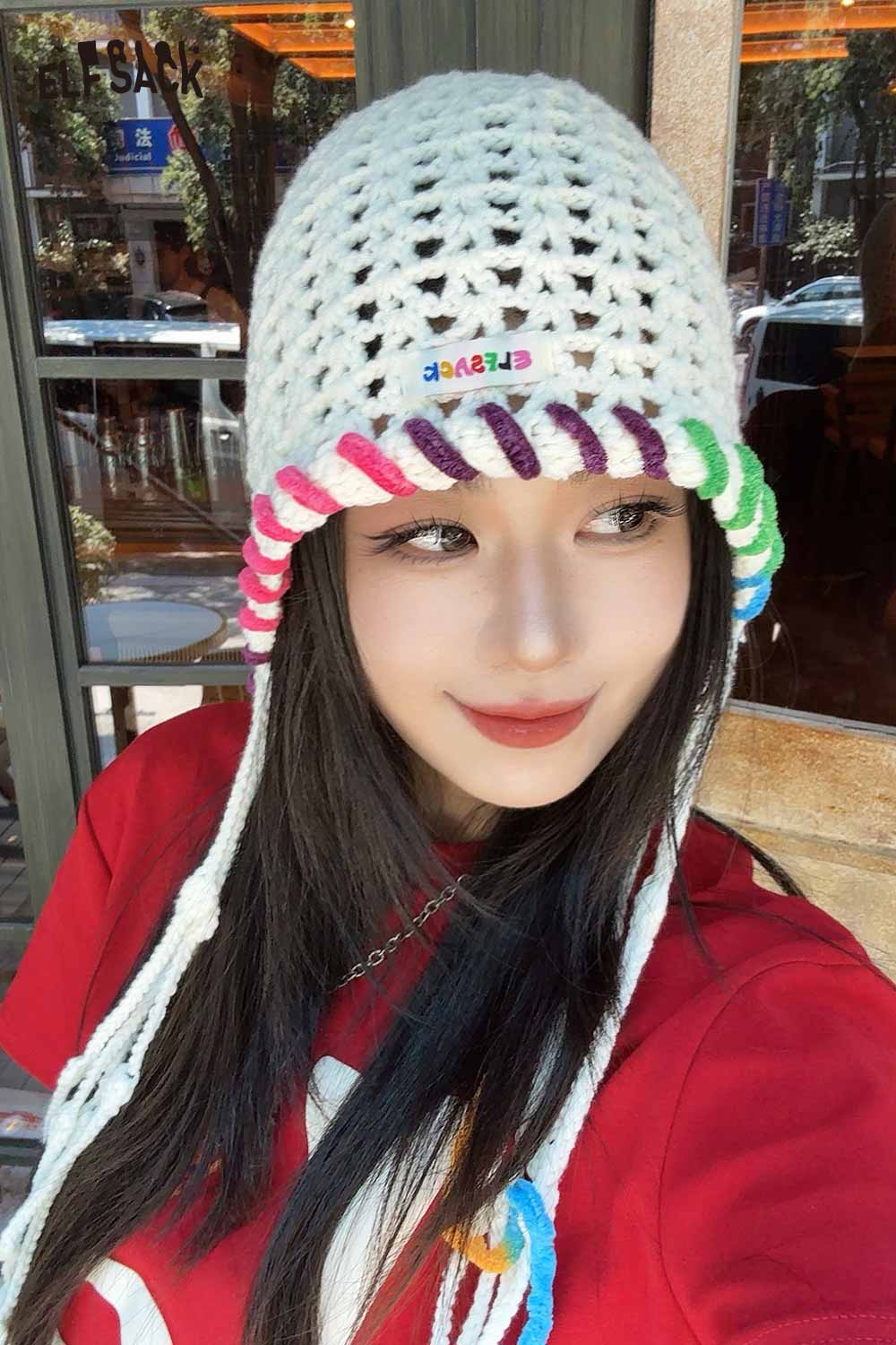 ELFSACK Cotton Knit Braided Tassel Color Block Cute Openwork Crochet Beanie