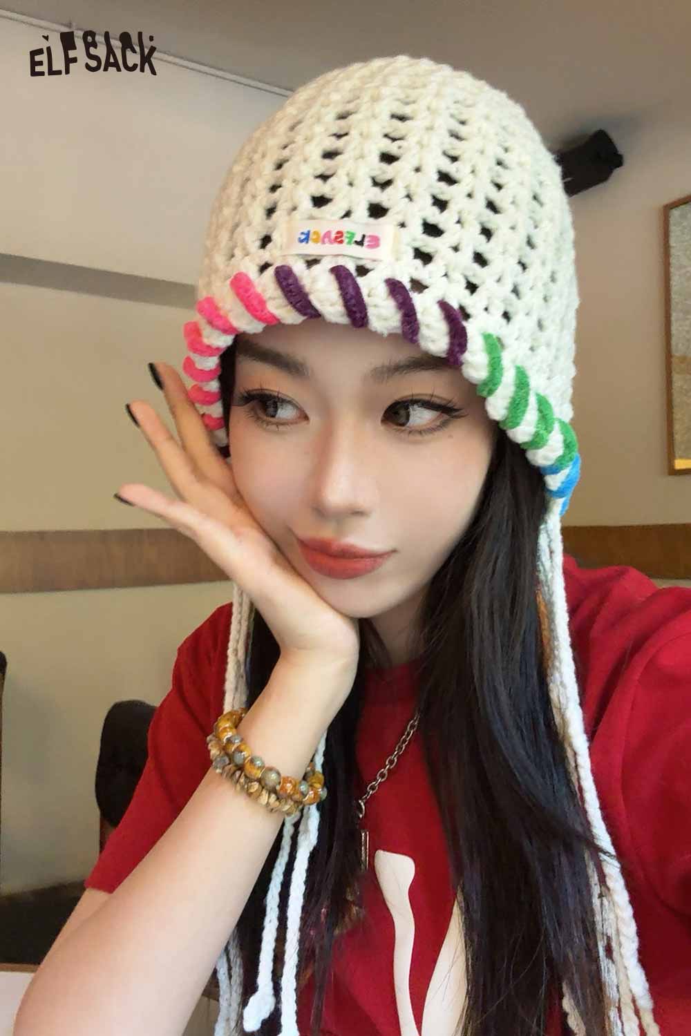 ELFSACK Cotton Knit Braided Tassel Color Block Cute Openwork Crochet Beanie