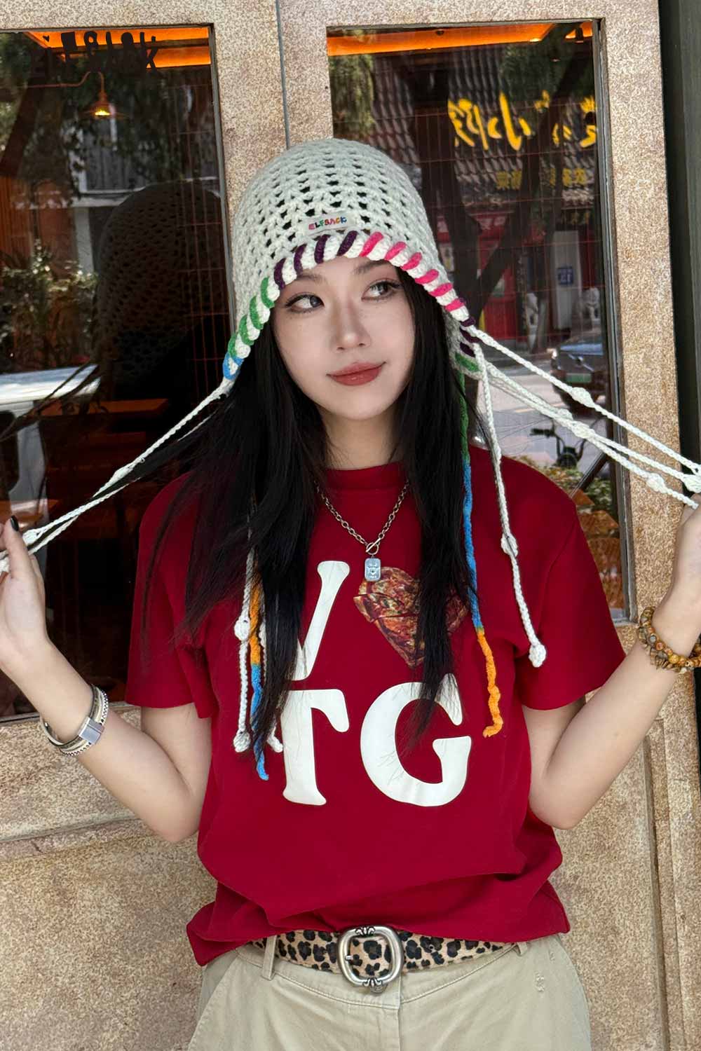 ELFSACK Cotton Knit Braided Tassel Color Block Cute Openwork Crochet Beanie