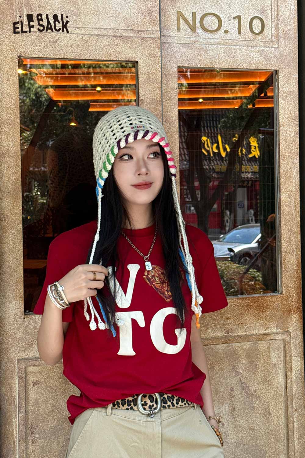 ELFSACK Cotton Knit Braided Tassel Color Block Cute Openwork Crochet Beanie