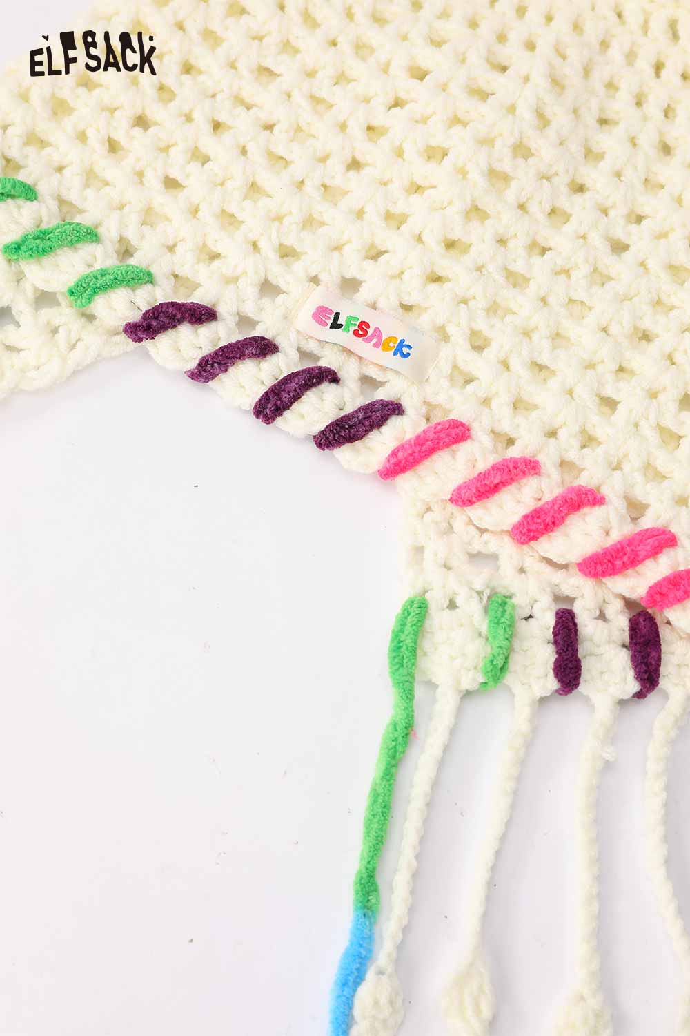 ELFSACK Cotton Knit Braided Tassel Color Block Cute Openwork Crochet Beanie