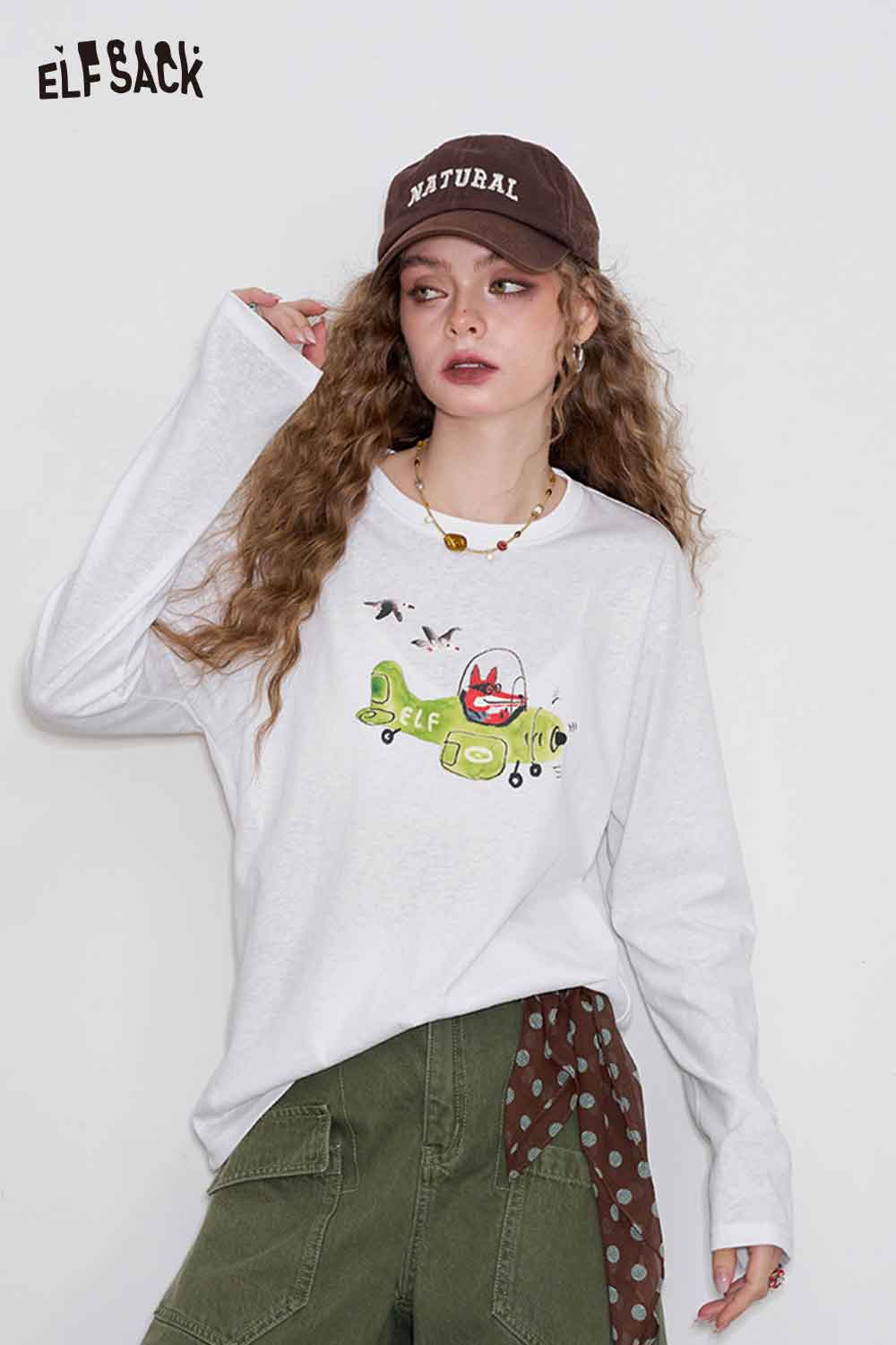 ELFSACK Cotton Oversized Cartoon Print Long Sleeve T-shirt Lightweight Breathable Cover-Up Top