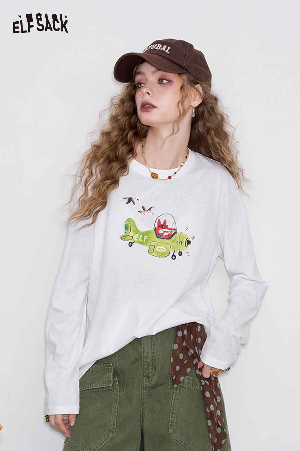 ELFSACK Cotton Oversized Cartoon Print Long Sleeve T-shirt Lightweight Breathable Cover-Up Top