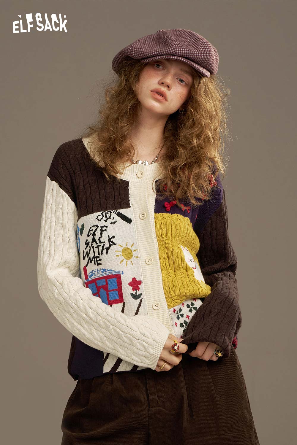 ELFSACK Cotton Patchwork Dog Motif Contrast Trim Open Front Cardi
