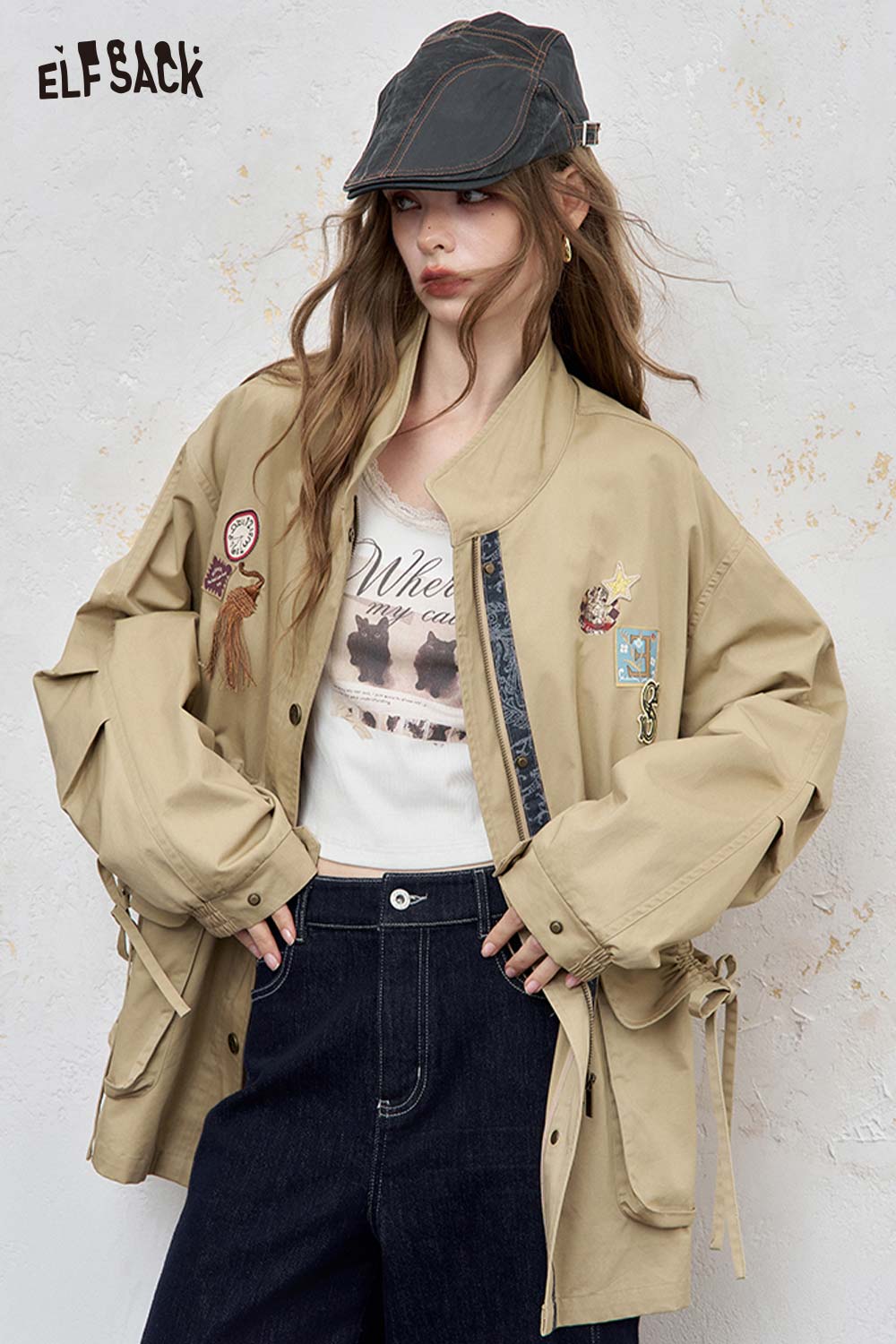 ELFSACK Cotton Patchwork Stand-Up Collar Streetwear Trench Coat