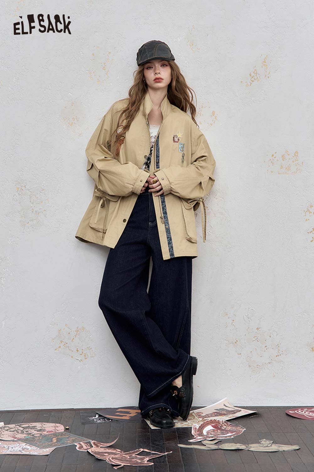 ELFSACK Cotton Patchwork Stand-Up Collar Streetwear Trench Coat