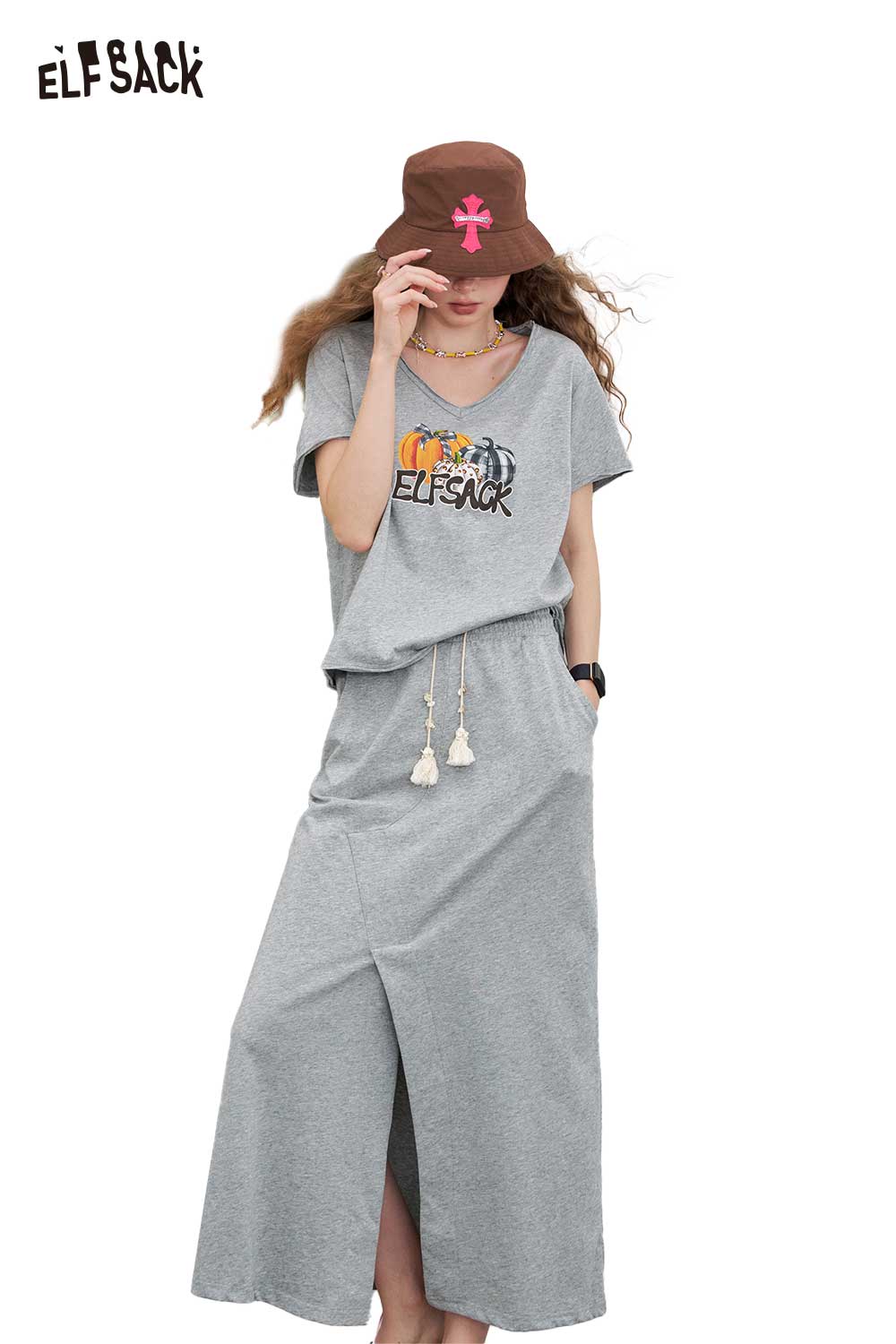 ELFSACK Cotton Spandex Blend High Slit Wrap Skirt and Oversized V-Neck Abstract Graphic Print Two Piece Coord Set