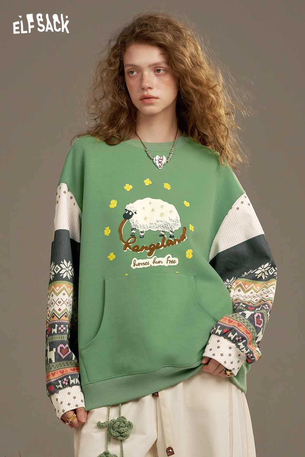 ELFSACK Cotton Vintage Splicing Design Crew Neck Sweatshirt