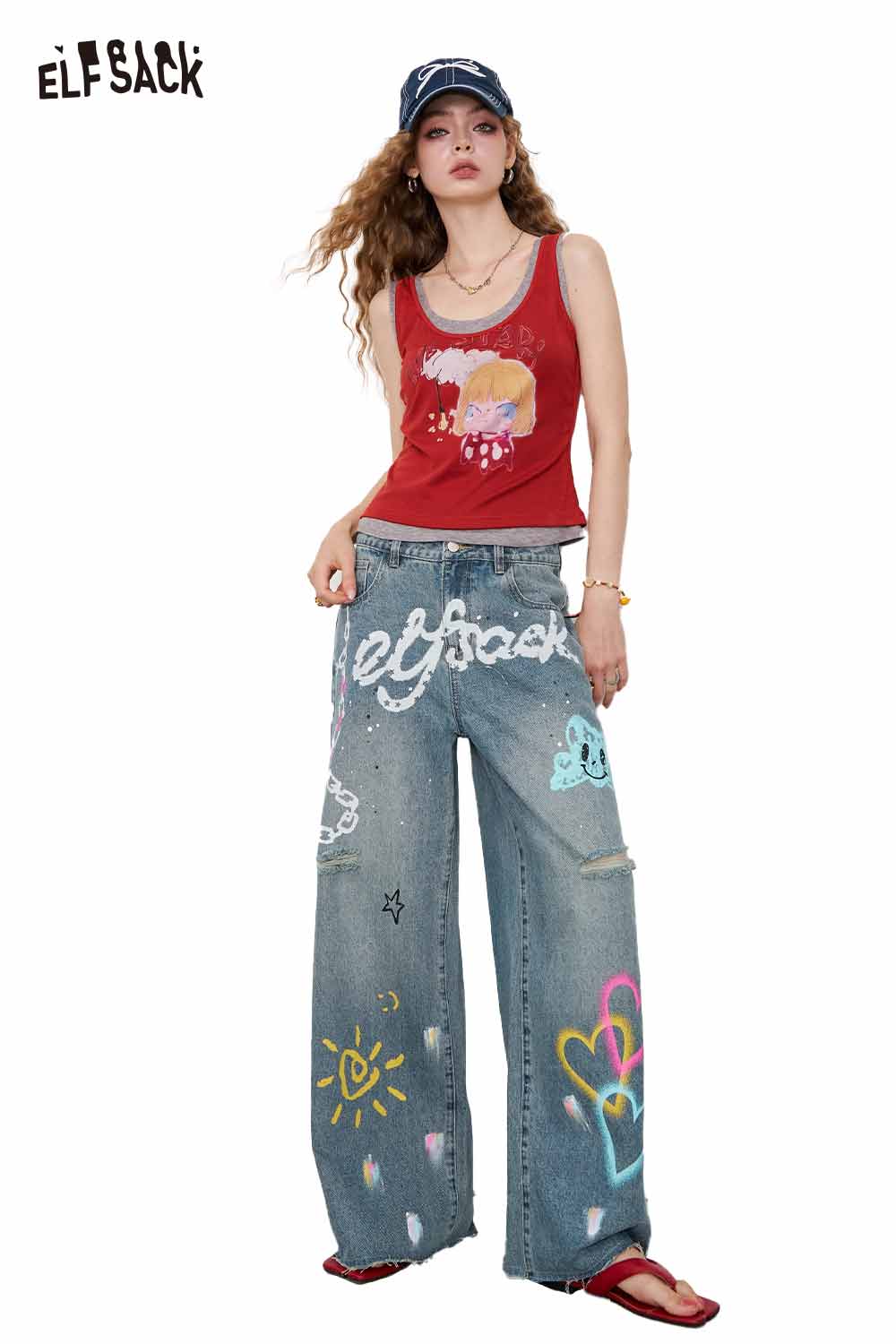ELFSACK Cotton Y2K Graffiti Destroyed Wide Leg Jeans Streetwear Denim Pants