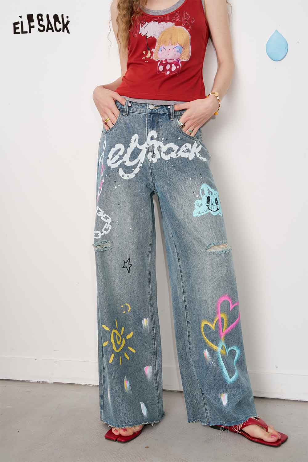 ELFSACK Cotton Y2K Graffiti Destroyed Wide Leg Jeans Streetwear Denim Pants