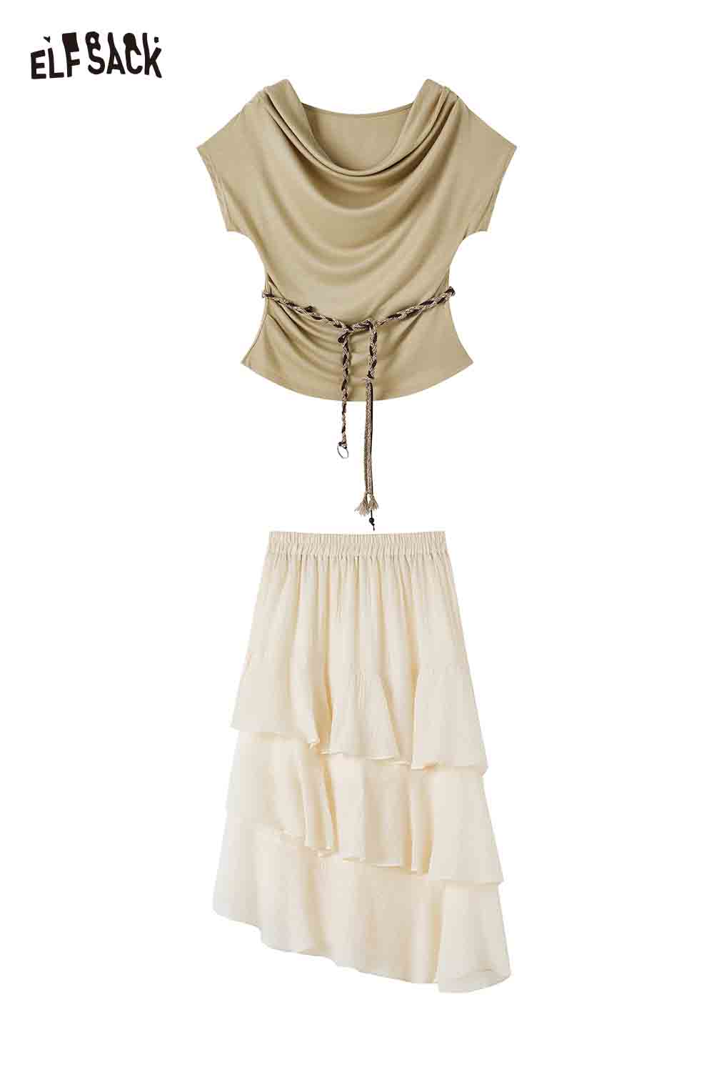 ELFSACK Cowl Neck Top and Tiered Skirt Set