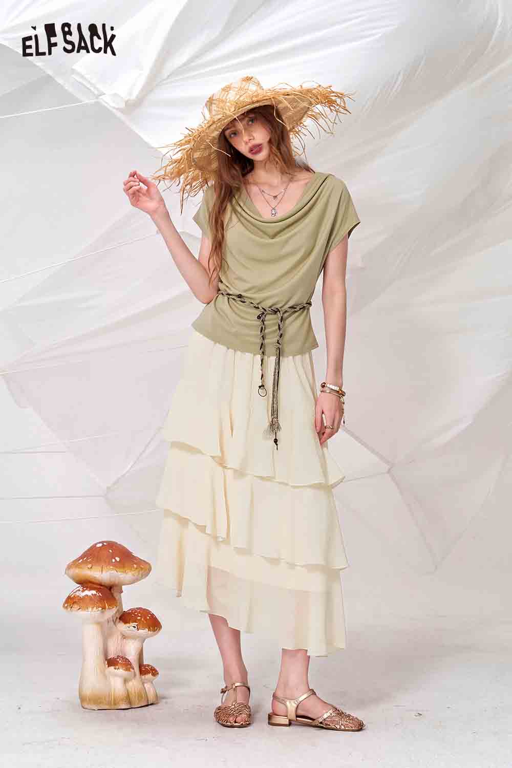 ELFSACK Cowl Neck Top and Tiered Skirt Set