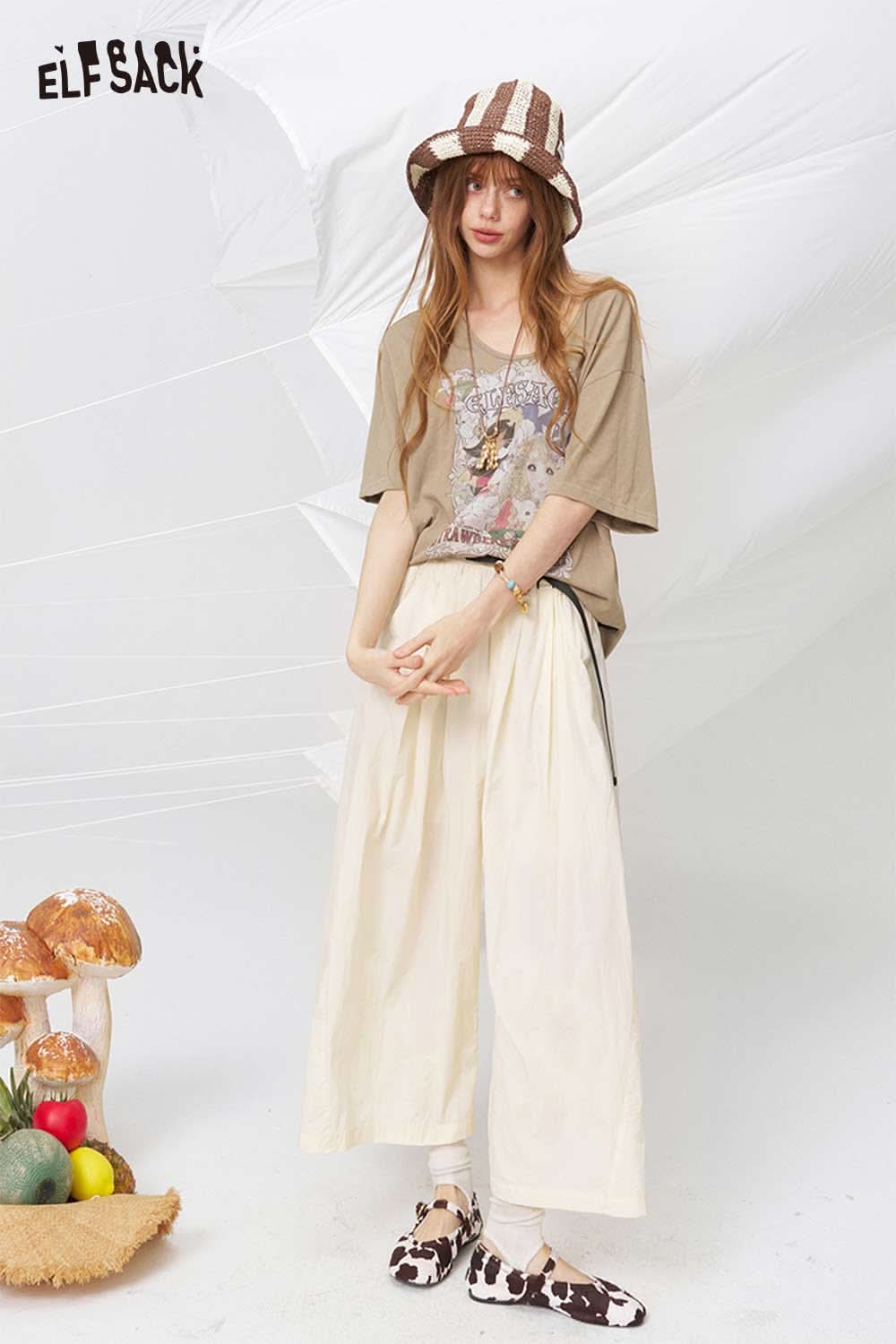 ELFSACK Cream Pleated Wide Leg Pants