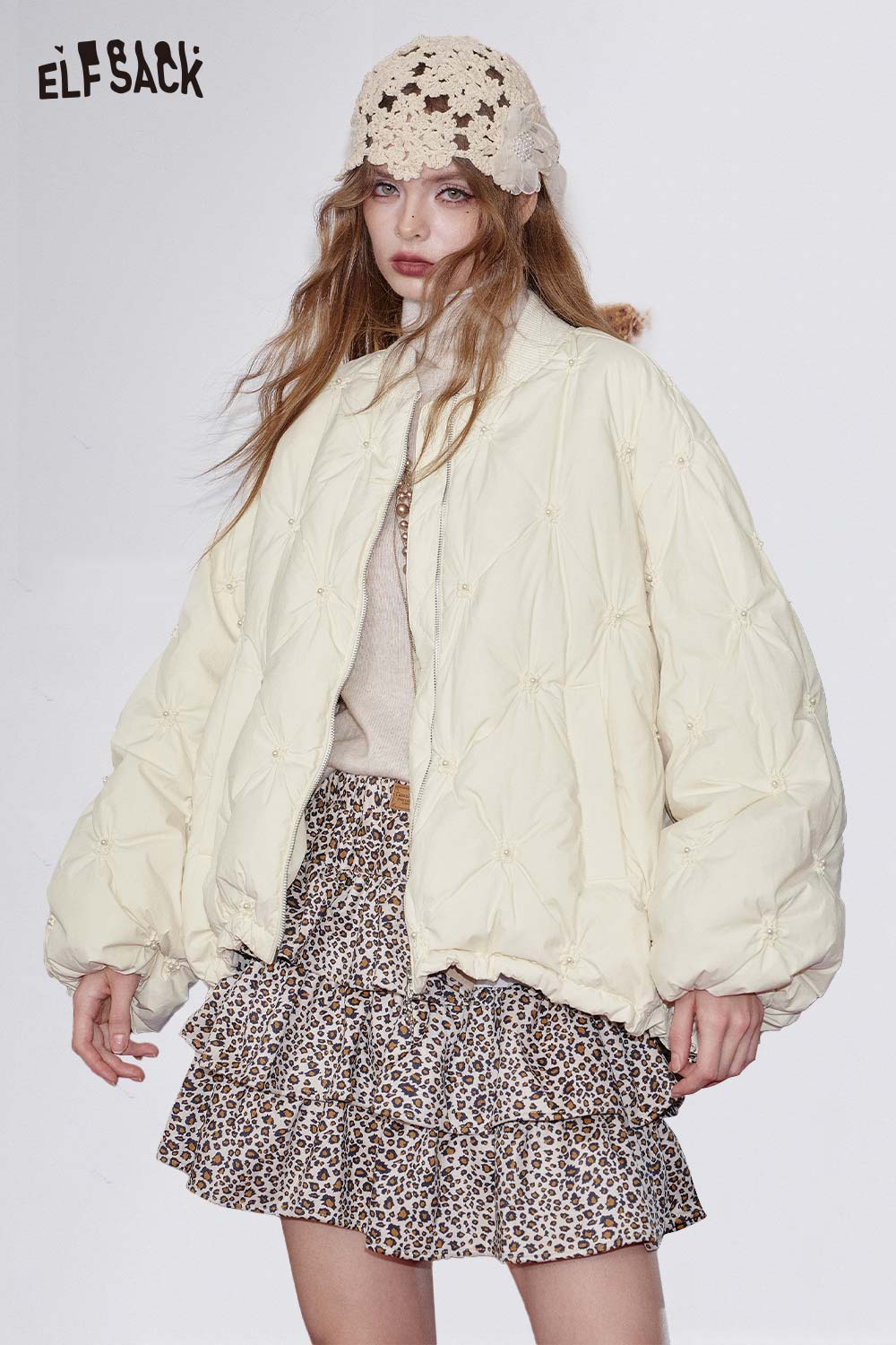 ELFSACK Cream-colored Quilted Textured Design Mid-length Down Jacket