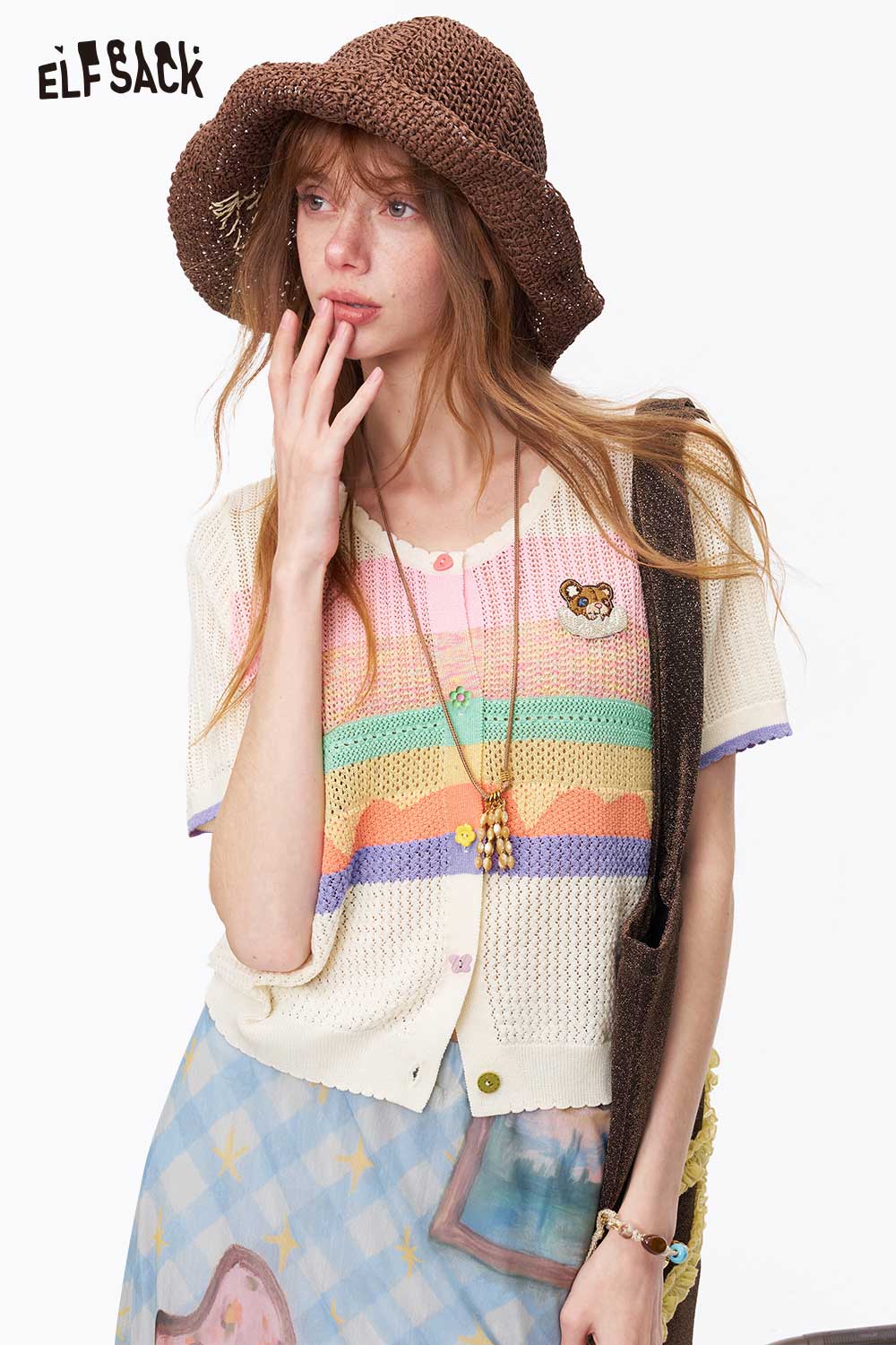 ELFSACK Cream Striped Bear Embroidery Knit Cardigan