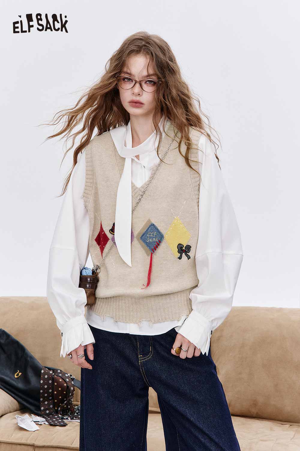 ELFSACK Crochet Knit Relaxed Fit Diamond Pattern Embroidered Sleeveless Vest