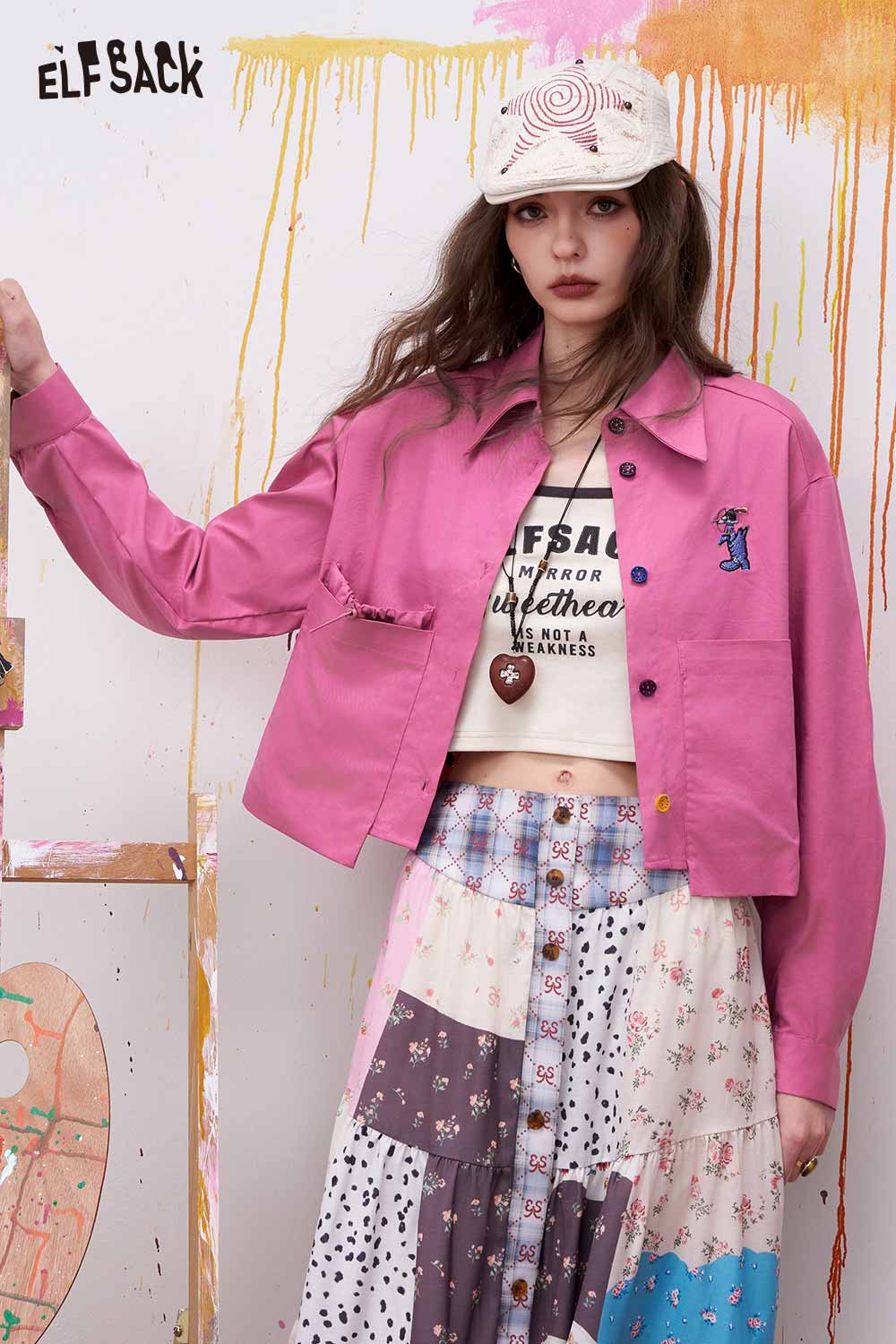 ELFSACK Cropped Button Down Shirt with Utility Flap Pockets