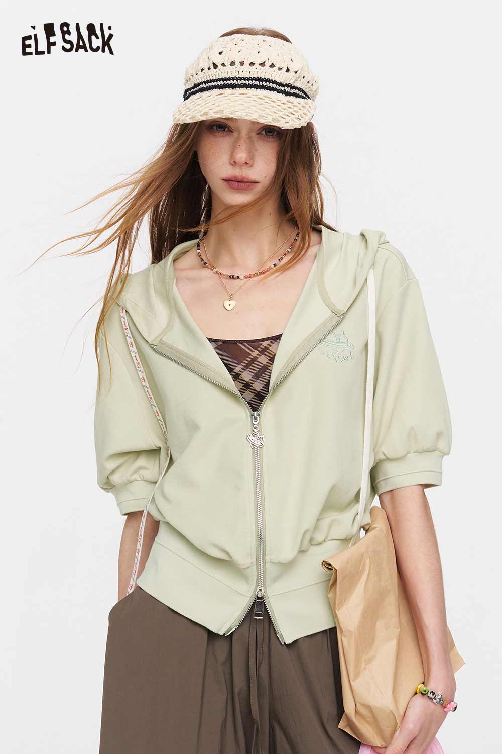 ELFSACK Cropped Hooded Zip-Up T-Shirt