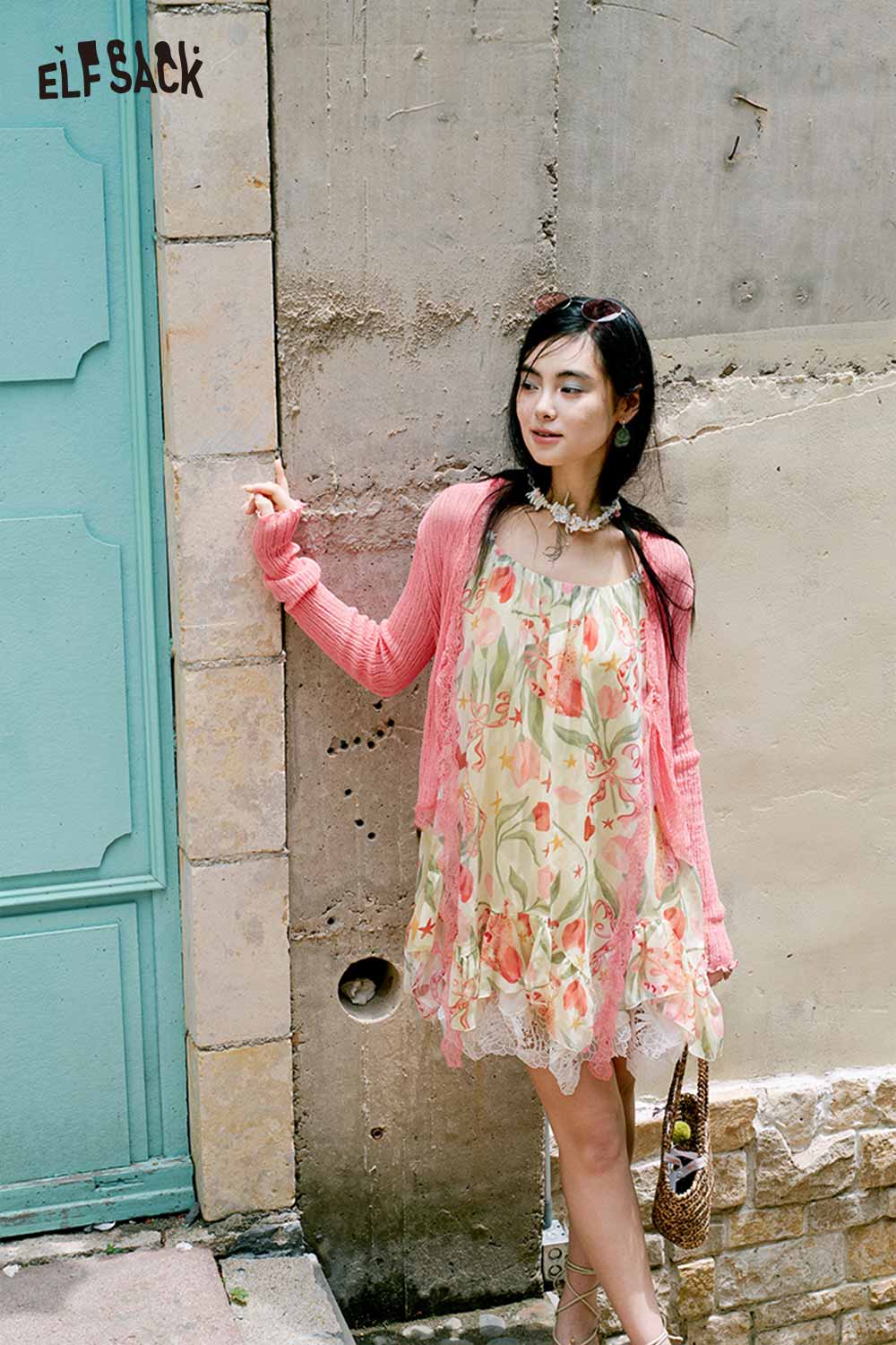 ELFSACK Cropped Lace Trim Knit Cardigan