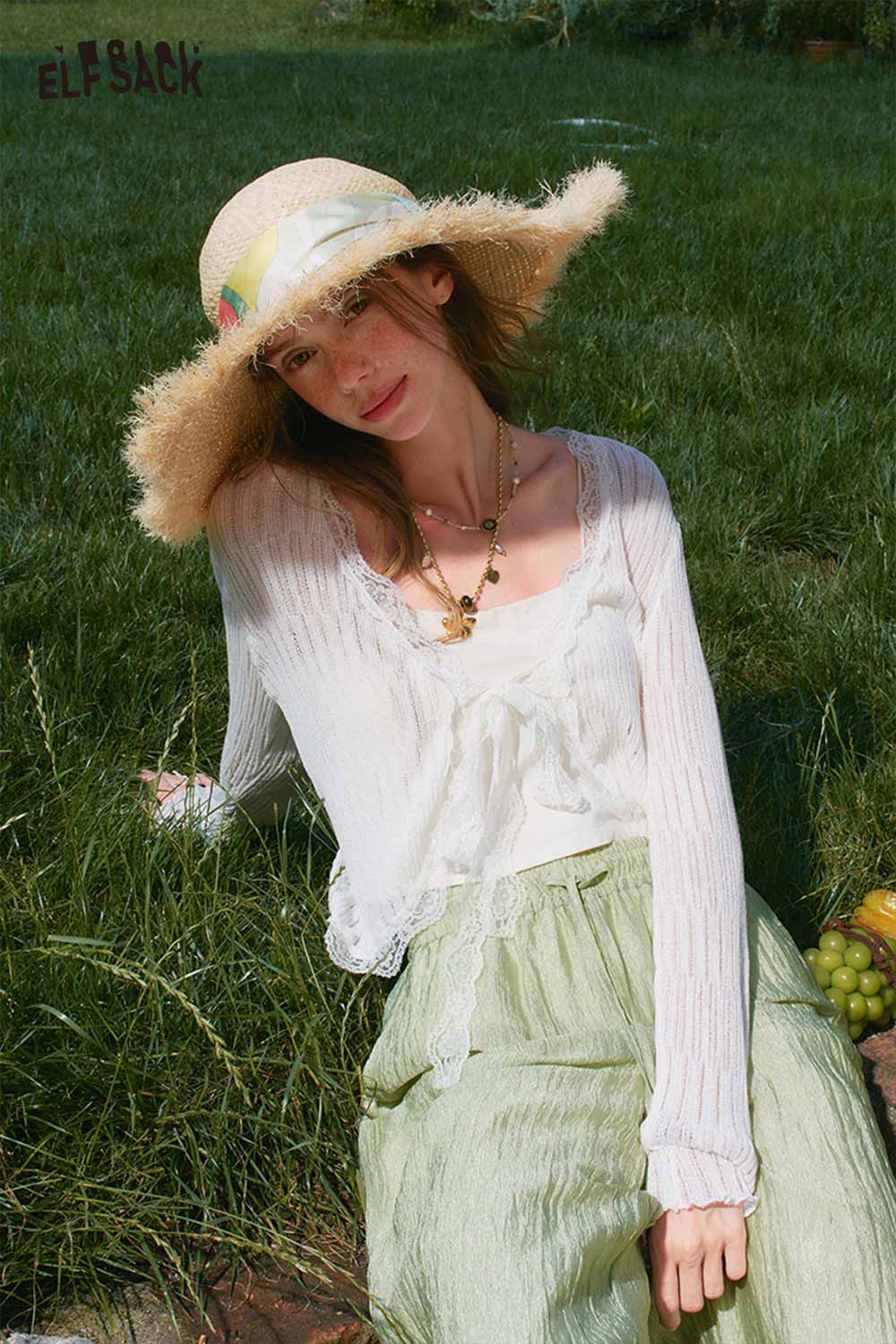 ELFSACK Cropped Lace Trim Knit Cardigan