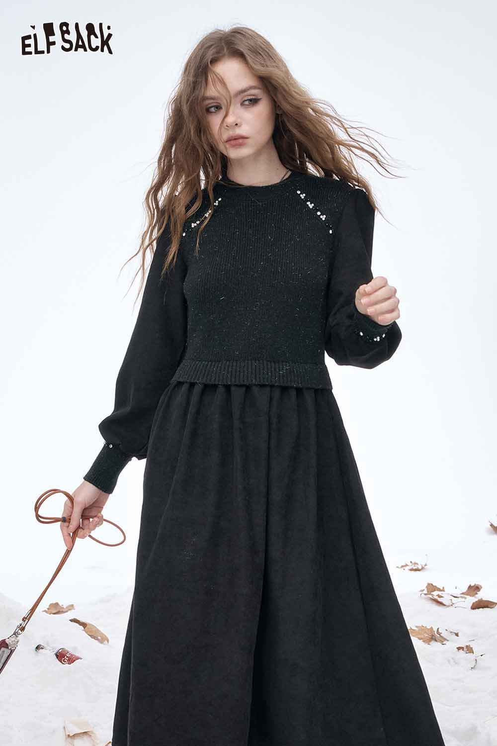 ELFSACK Soft Classic Crystal Accent Solid Round Neck Midi Dress