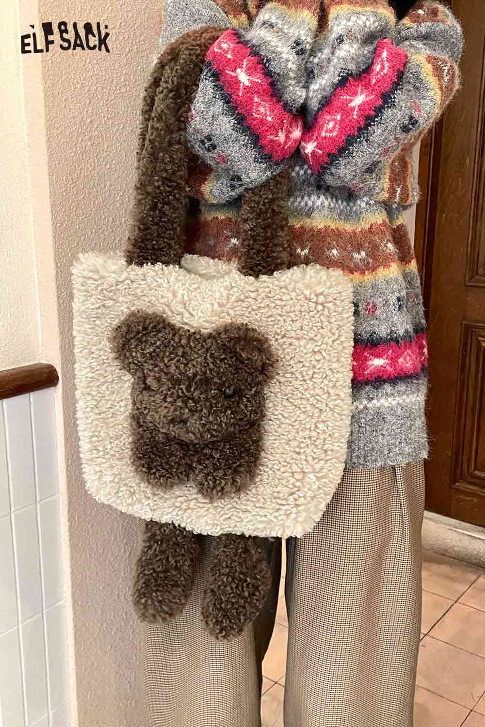 ELFSACK Cute Lambswool 3D Bear Soft Warm Shoulder Bag