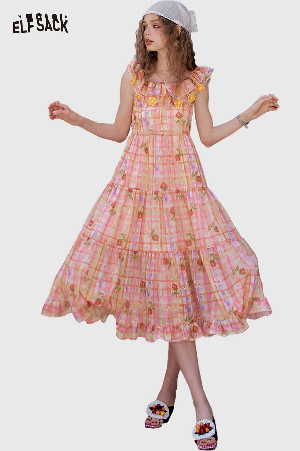 ELFSACK Cute 3D Flutter Sleeve Dopamine French Dress