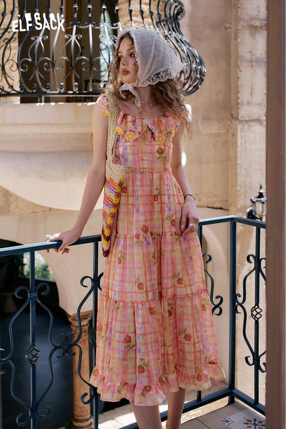 ELFSACK Cute 3D Flutter Sleeve Dopamine French Dress