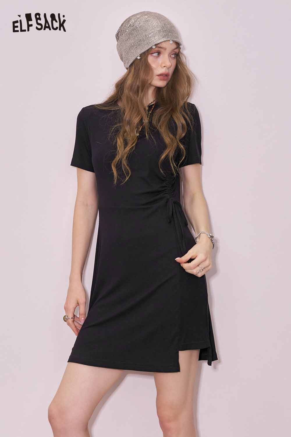 ELFSACK Cute Black Graphic Shirred Short Sleeve Tshirt Slim Dress