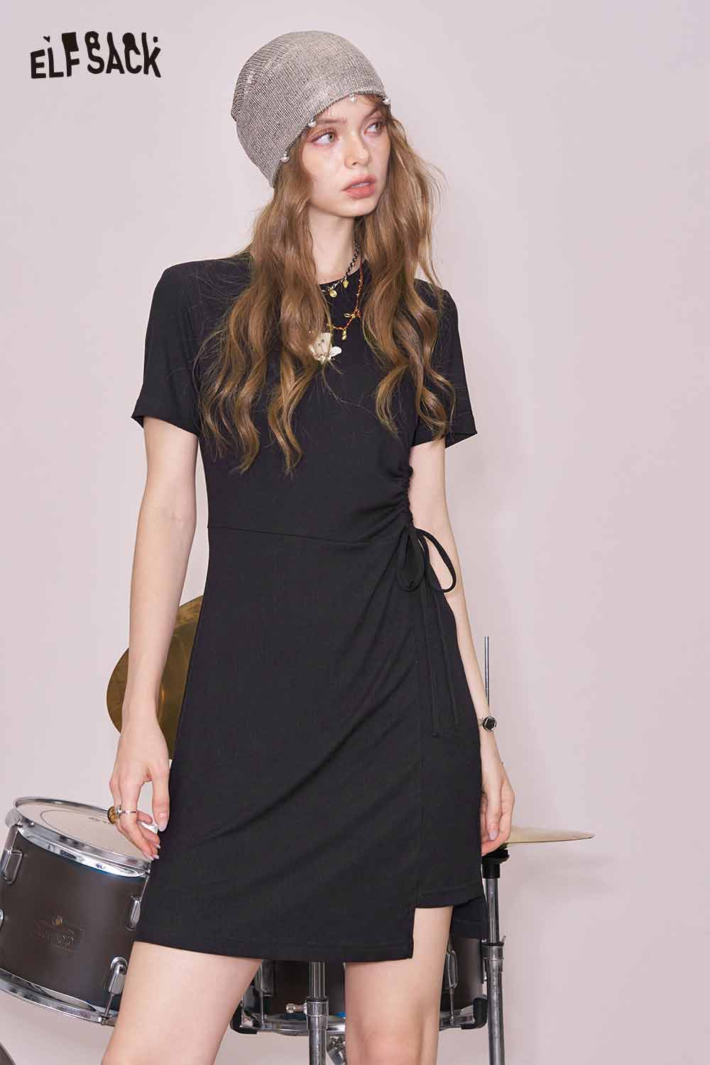 ELFSACK Cute Black Graphic Shirred Short Sleeve Tshirt Slim Dress