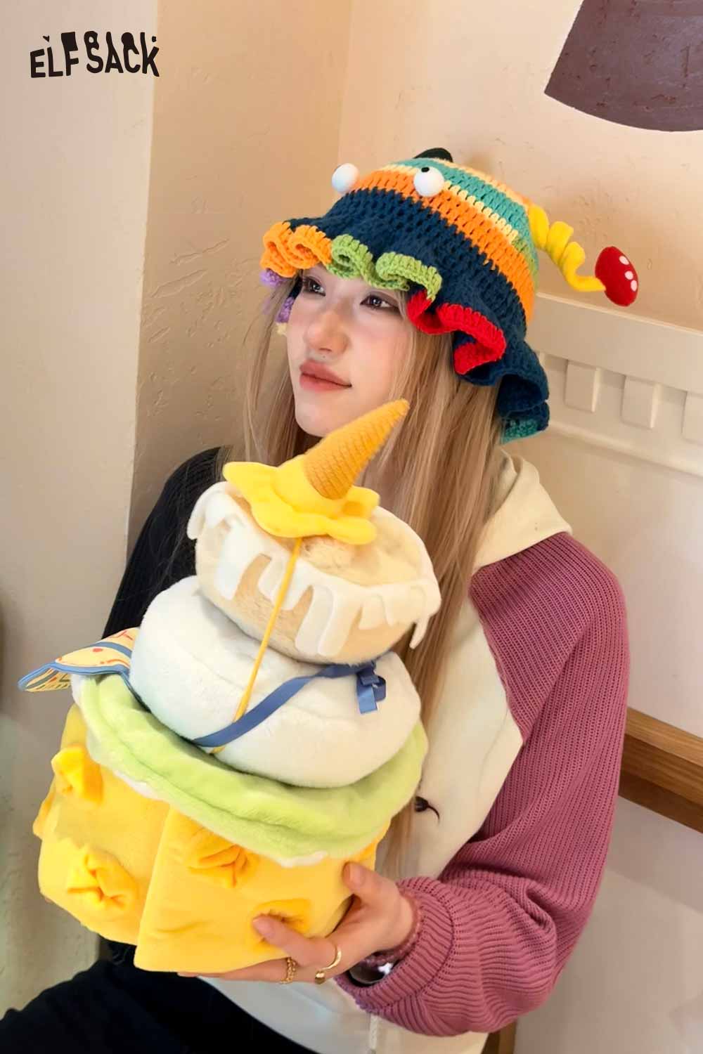 ELFSACK Cute Color Block Striped 3D Eye Antenna Ruffle Brim Hat
