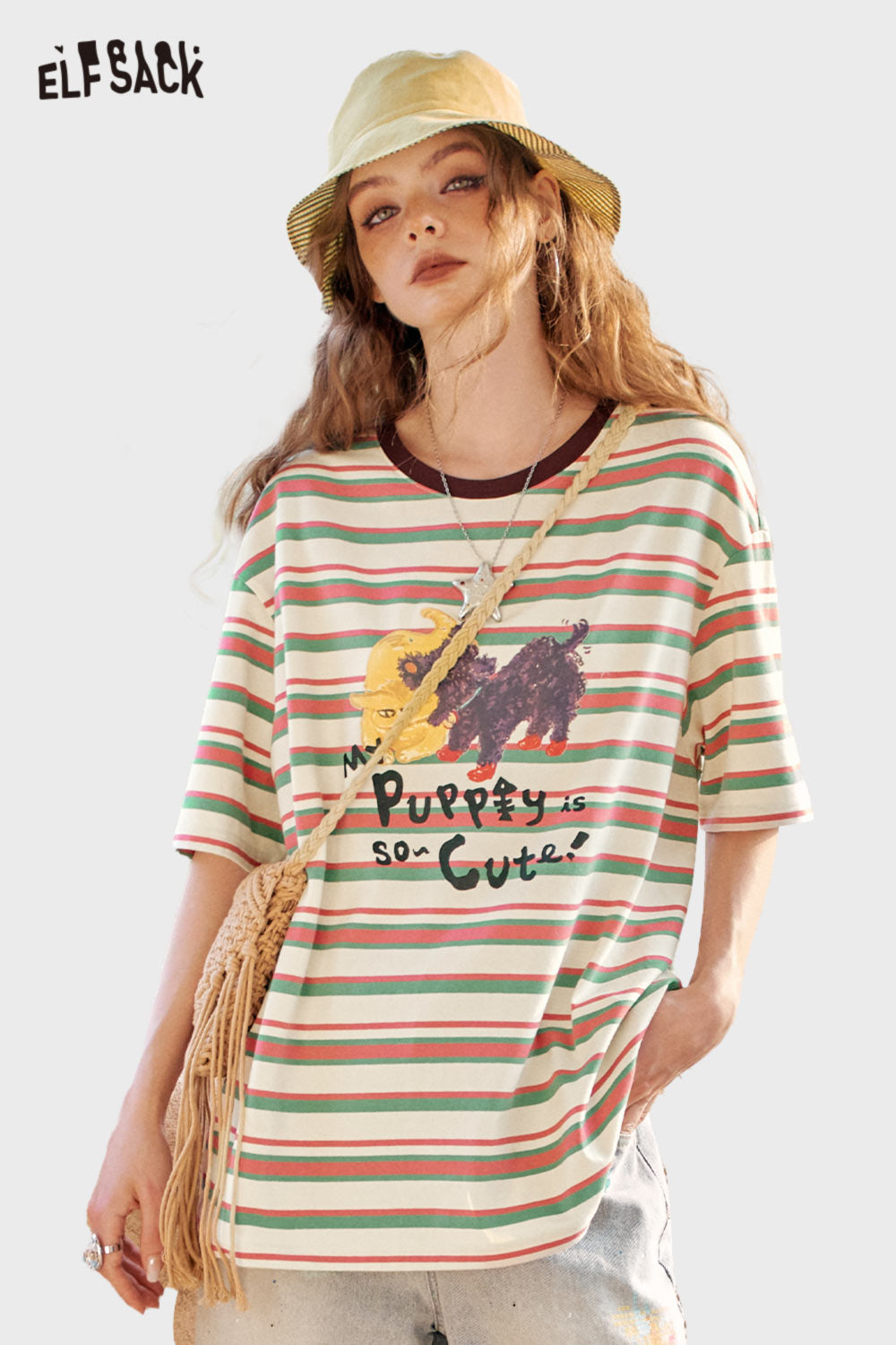 ELFSACK Cute Dog Print Striped T Shirt