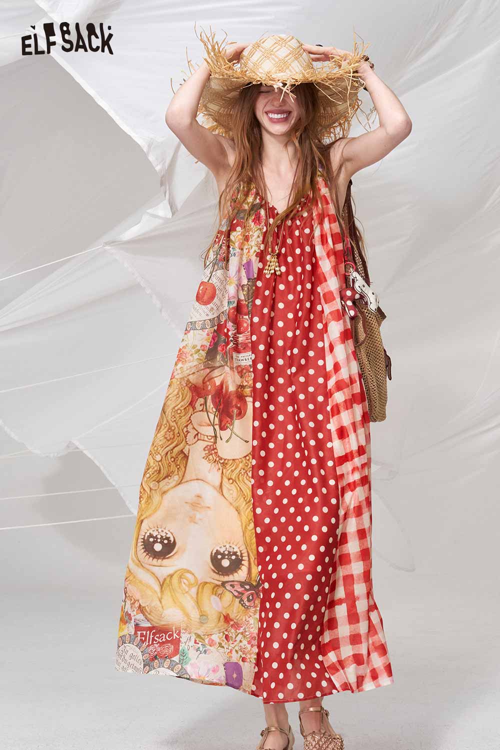 ELFSACK Cute Doll Print Maxi Dress
