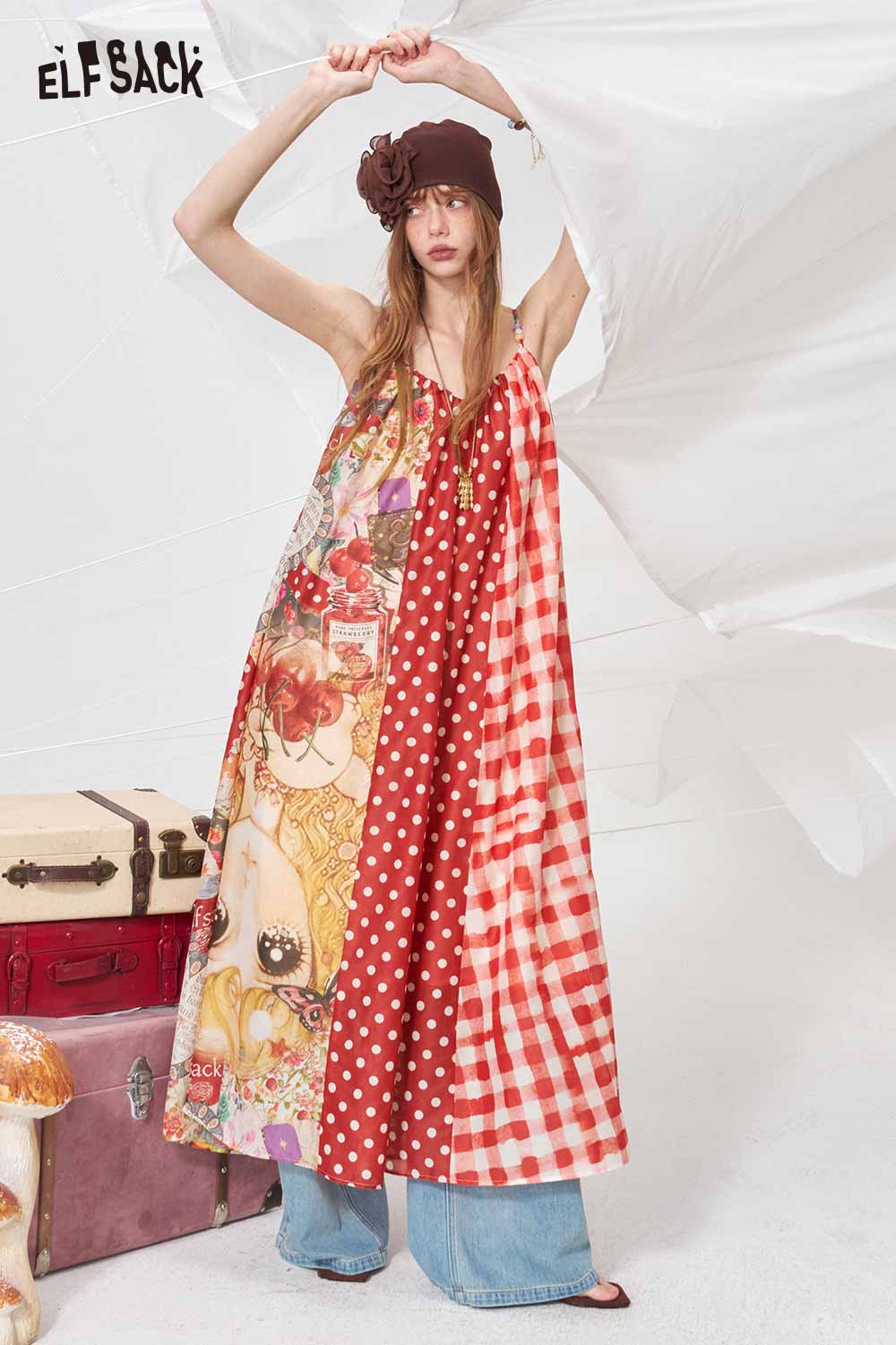 ELFSACK Cute Doll Print Maxi Dress