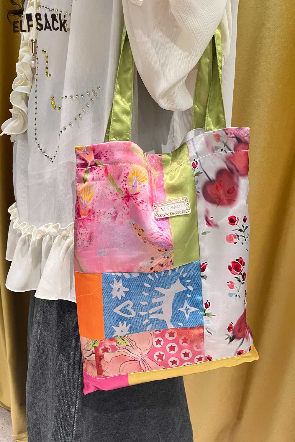 ELFSACK Cute Dopamine Color Block Tote Bag