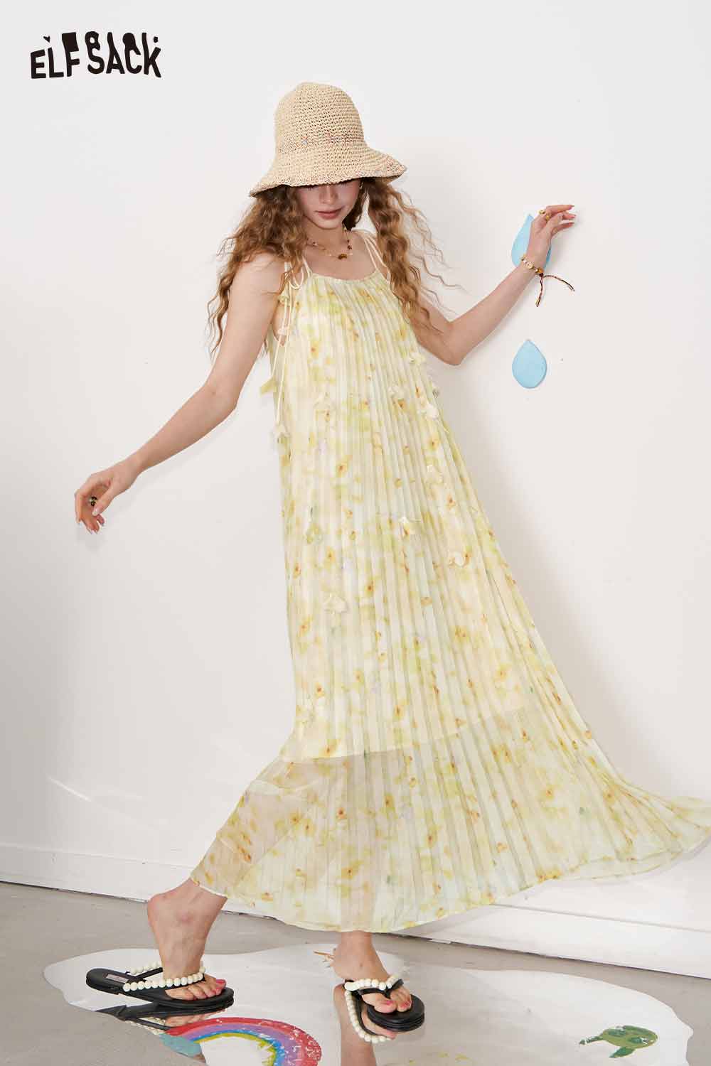 ELFSACK Cute Floral Loose Sheer Slip Holiday Slim Maxi Dress