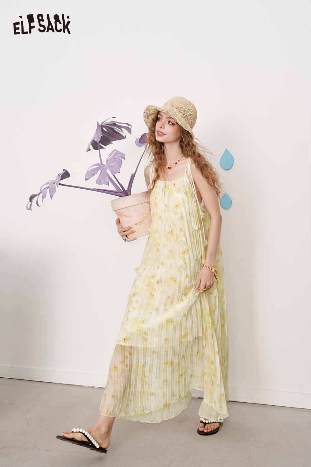 ELFSACK Cute Floral Loose Sheer Slip Holiday Slim Maxi Dress