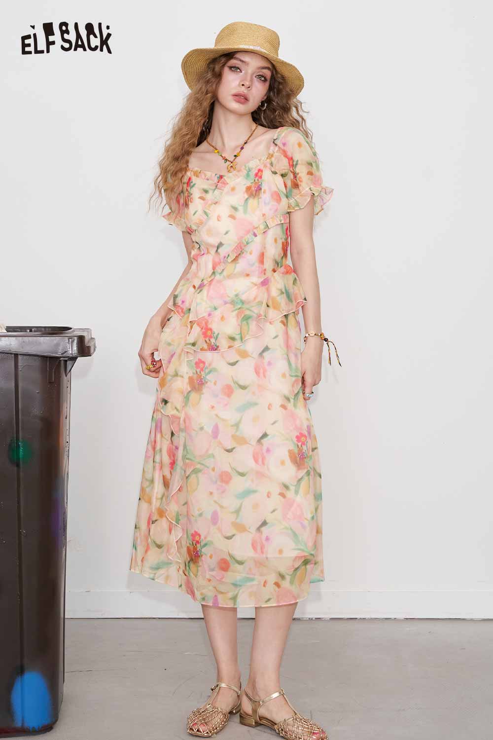 ELFSACK Cute Floral Square Neck Holiday Waist Tie Dress