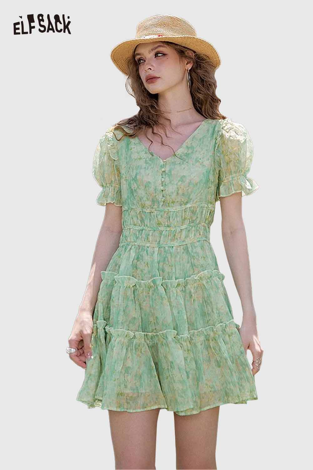 ELFSACK Cute French V Neck Floral Holiday Elegant Waist Tie Dress