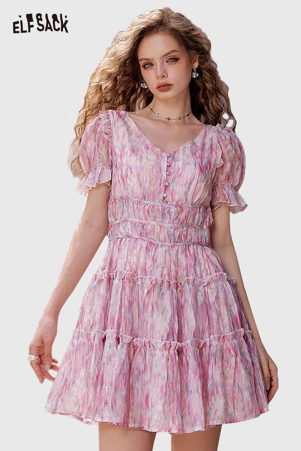 ELFSACK Cute French V Neck Floral Holiday Elegant Waist Tie Dress