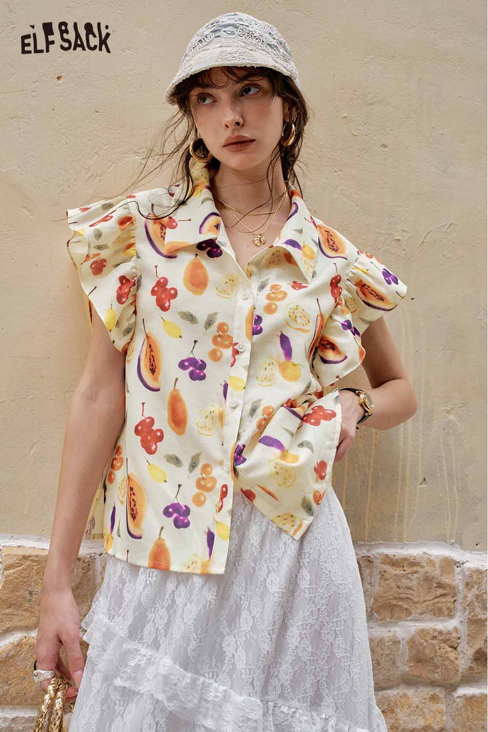 ELFSACK Cute Fruit Graphic Flutter Sleeve Holiday Blouse