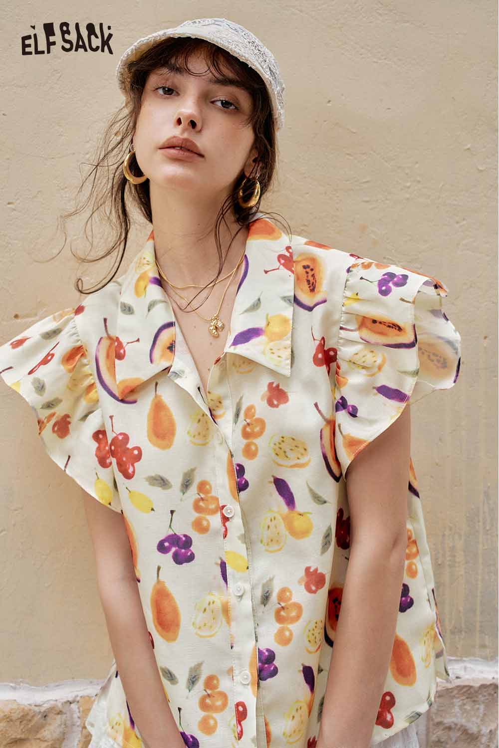 ELFSACK Cute Fruit Graphic Flutter Sleeve Holiday Blouse