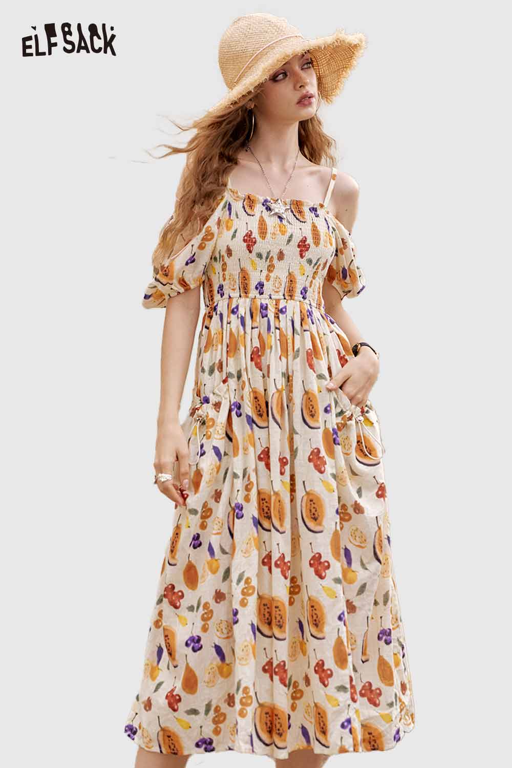 ELFSACK Cute Fruit Graphic Off Shoulder French Waist Tie Dress