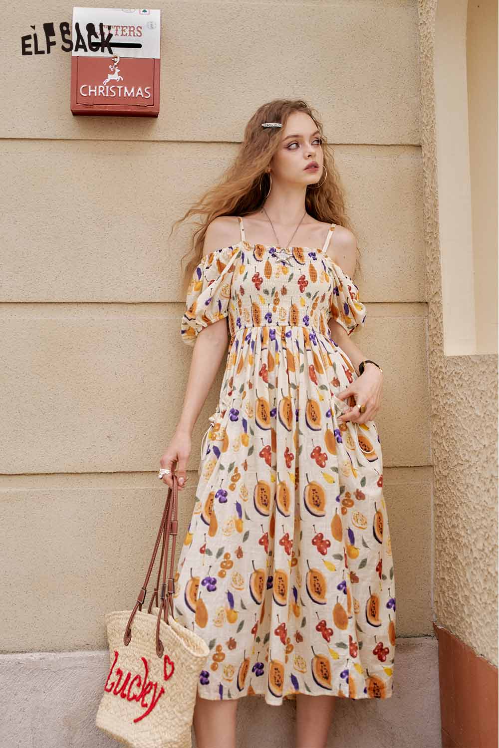 ELFSACK Cute Fruit Graphic Off Shoulder French Waist Tie Dress