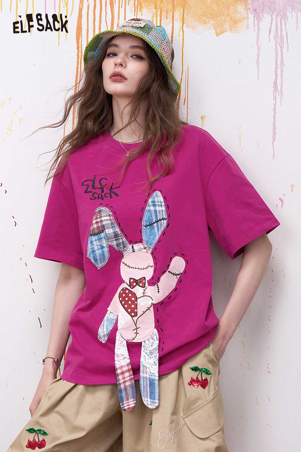 ELFSACK Cute Graphic Short Sleeve T Shirt with Rabbit Patch