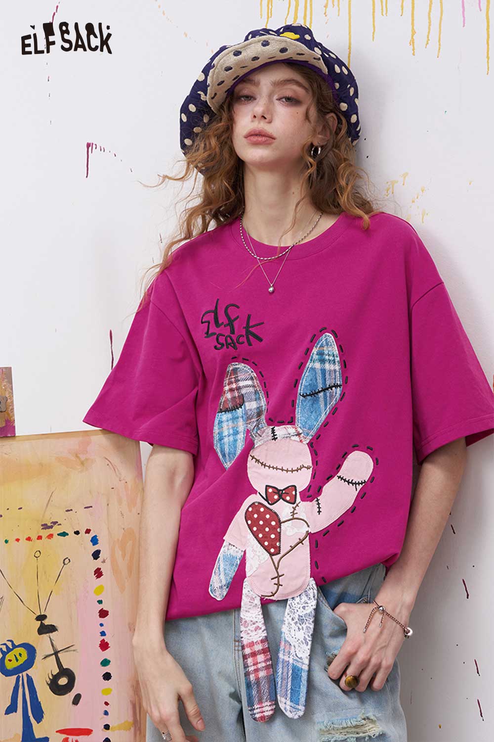 ELFSACK Cute Graphic Short Sleeve T Shirt with Rabbit Patch